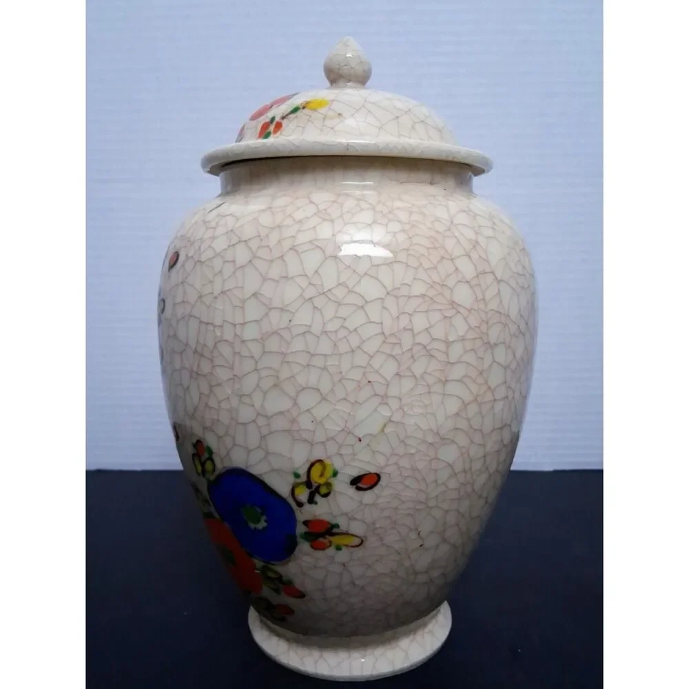 Vintage Hand-Painted Flowers Crackle Glaze Japanese Ginger Jar Temple Jar w Lid